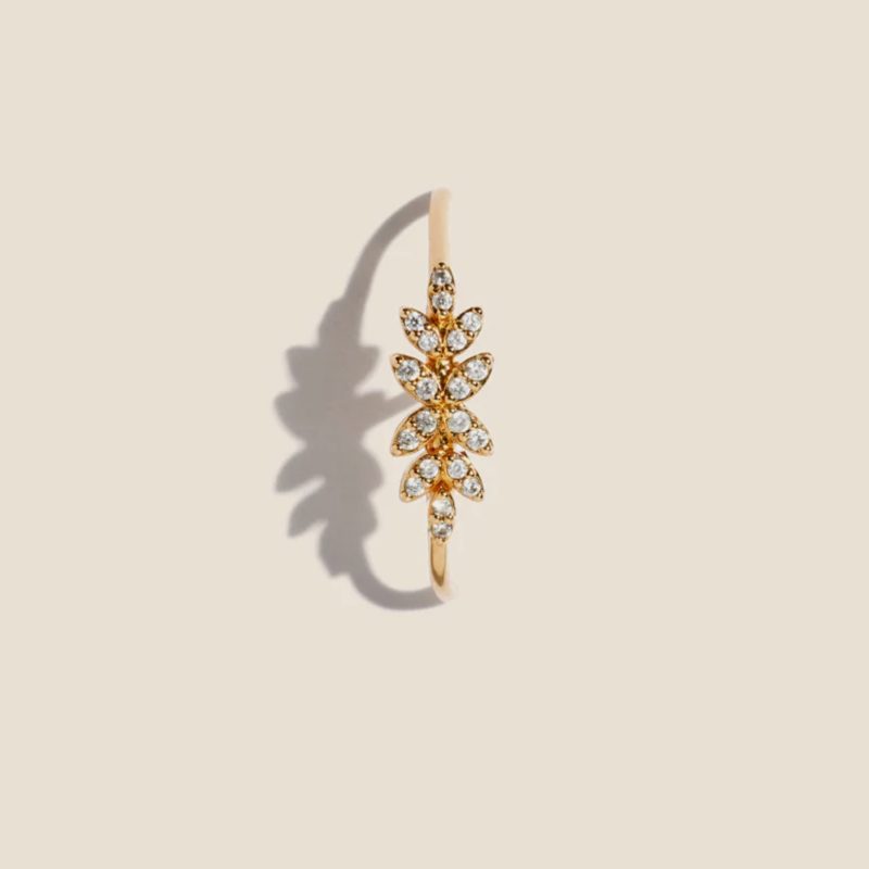 Boucle d'oreille plaquée or en forme de feuilles de laurier. Elle comporte une branche au dessus du trou de l'oreille et une identique en dessous. Bijou seul, Crédit Léo Sédim